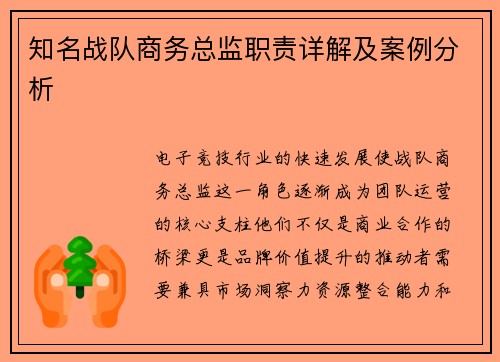 知名战队商务总监职责详解及案例分析