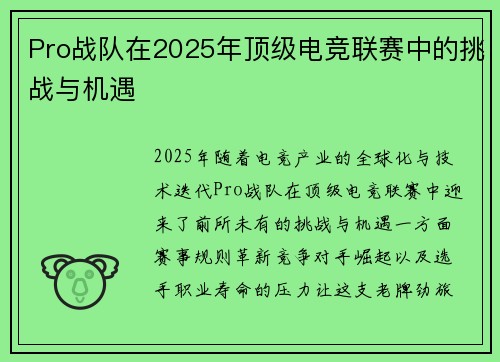 Pro战队在2025年顶级电竞联赛中的挑战与机遇